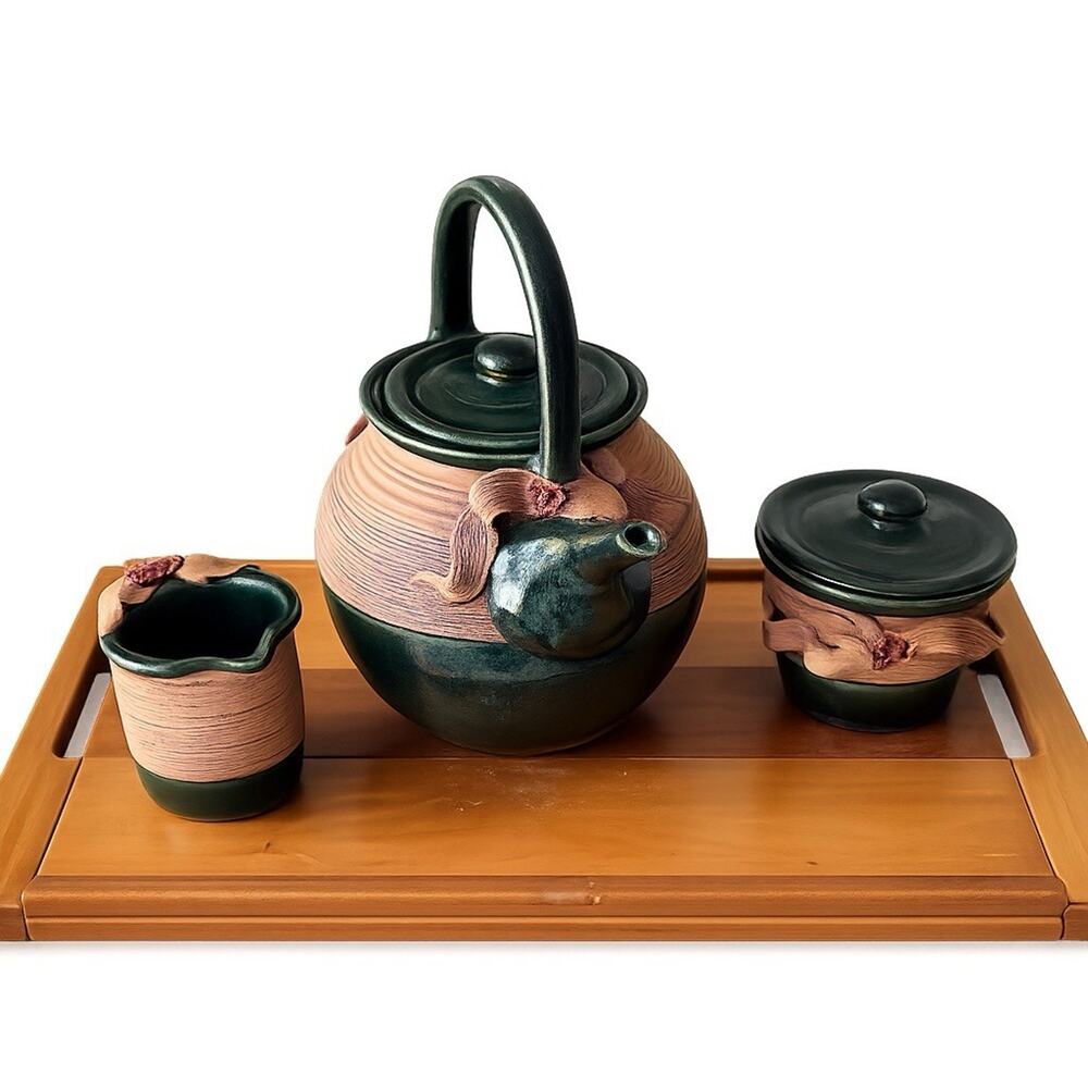 Vintage Signed Studio Pottery Tea Set Green Artisan Teapot Creamer